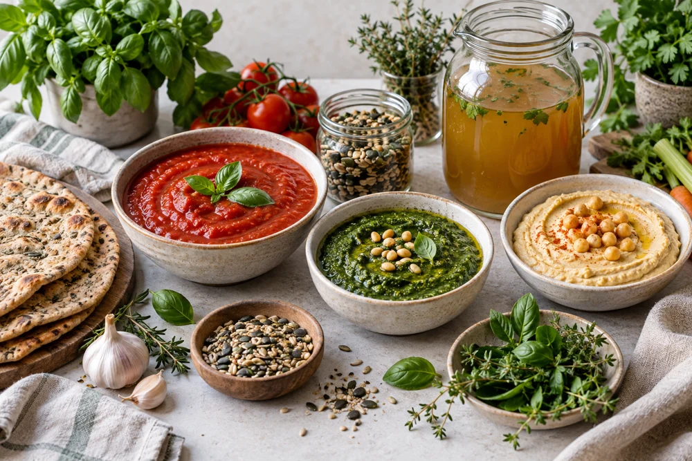 Composição ilustrativa de molhos e bases culinárias