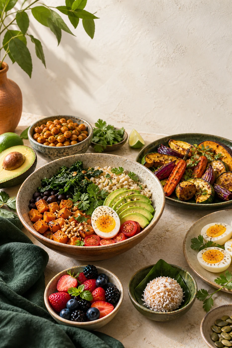 Composição editorial de pratos, frutas e ingredientes sobre uma mesa